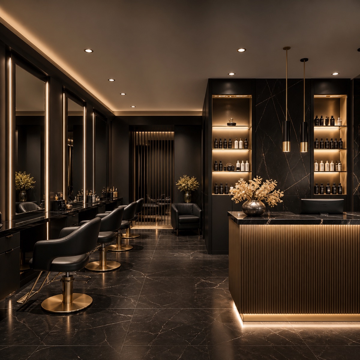 Black and gold luxury salon interior